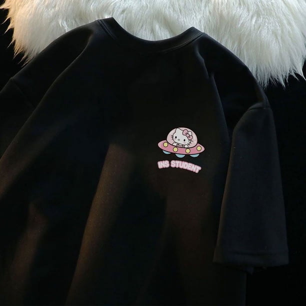 Sanrio-camiseta de algodón con estampado gráfico de Hello Kitty para mujer, Top holgado Y2k Kawaii, camiseta de cuello redondo de talla grande para pareja, novedad de verano