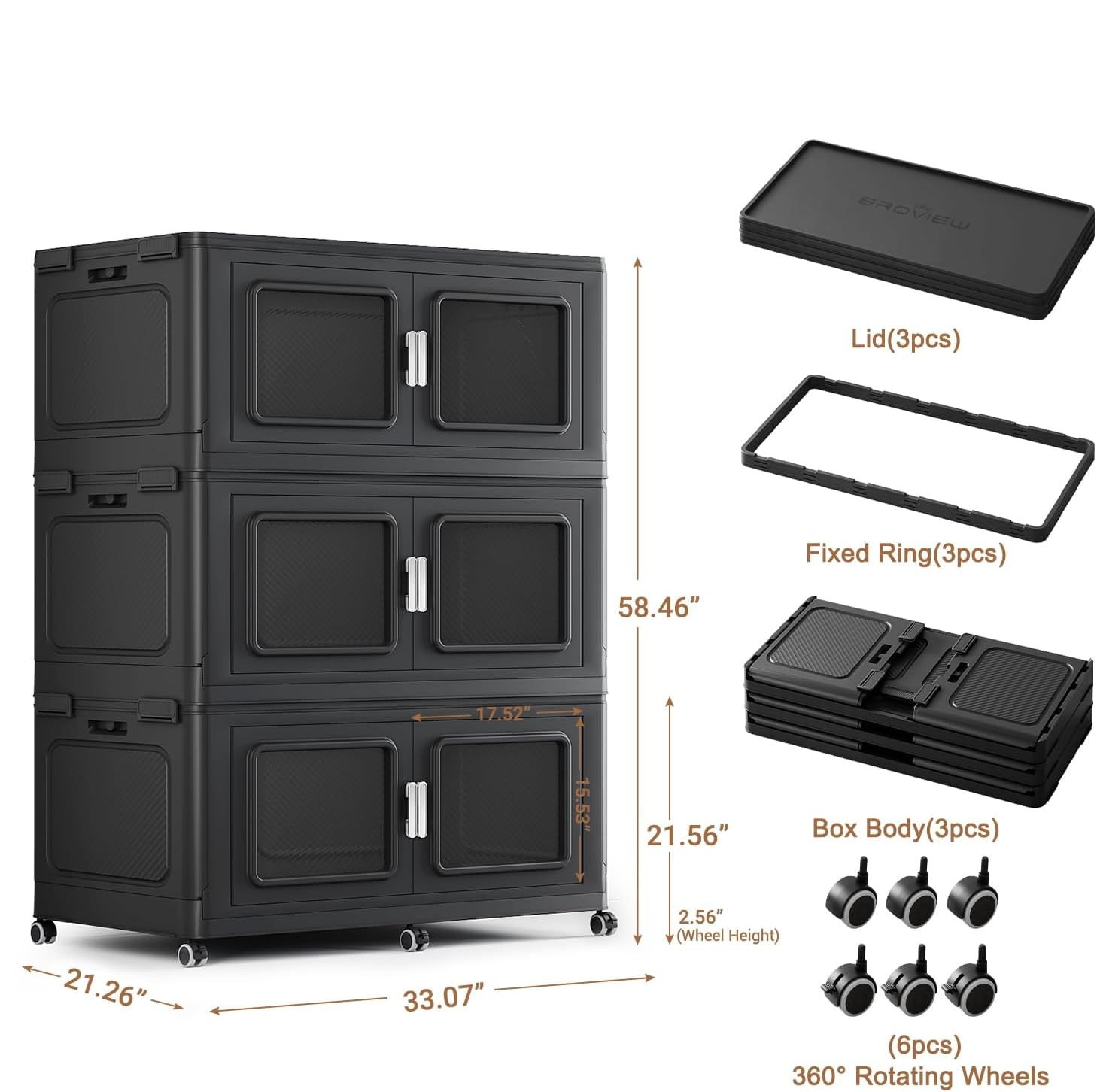 Broview 660QT Stackable Storage Bins with Lids, Extra Large 165Gal Foldable Crates for Family Storage, Kids Sports Gear, Holiday Decor, Space Saving Collapsible Toy, Closet Organizers, 3-Pack Black