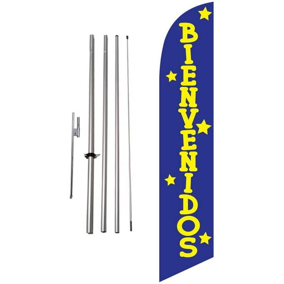 Bienvenidos Welcome Feather Banner Swooper Flag Sign with Pole Kit and Ground Spike