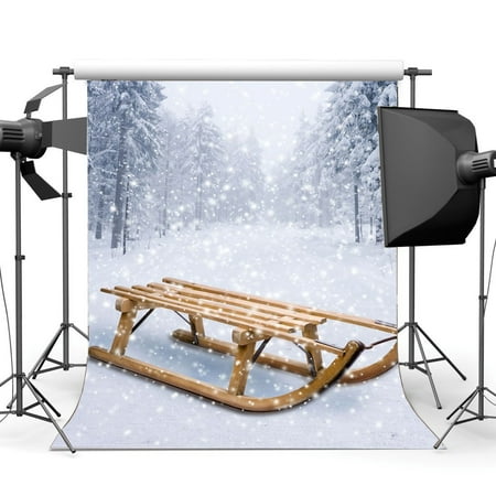 Image of 5x7ft Photography Backdrop Christmas Sleigh Snow Covered Landscape Forest Pine Tree Rustic Winter Bokeh Xmas Backdrops Happy New Year Background Baby Kids Adults Photo Studio Props
