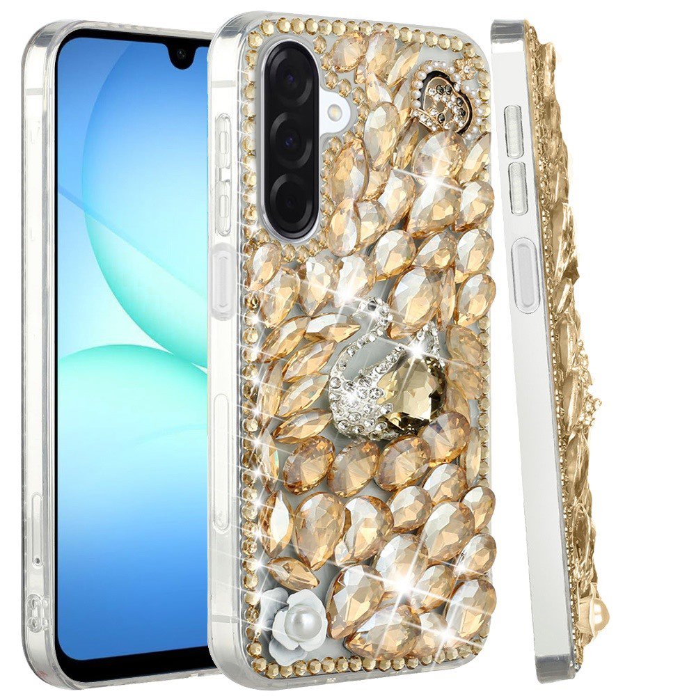 XPM for Samsung Galaxy A17 5G Phone Case, Bling Crystal 3D Full Diamonds Luxury Sparkle Rhinestone Hybrid Protective Cover for Galaxy A17 (Gold Swan Crown Pearl)