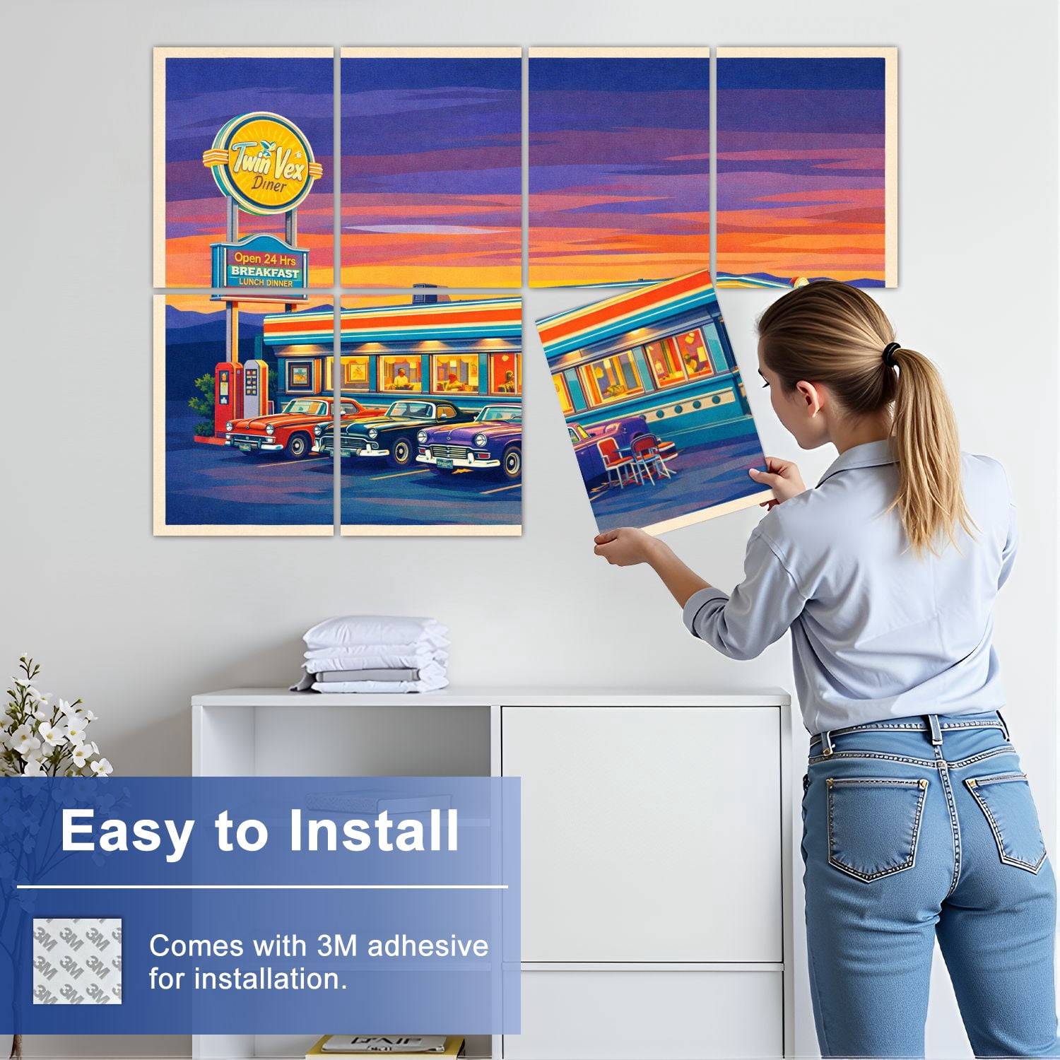 8 Pack Art Acoustic Panels Sound Absorbing american diner small town sunset Decorative Soundproof Wall Panels Self Adhesive for Nursery Game Room Bedroom 48"x32"