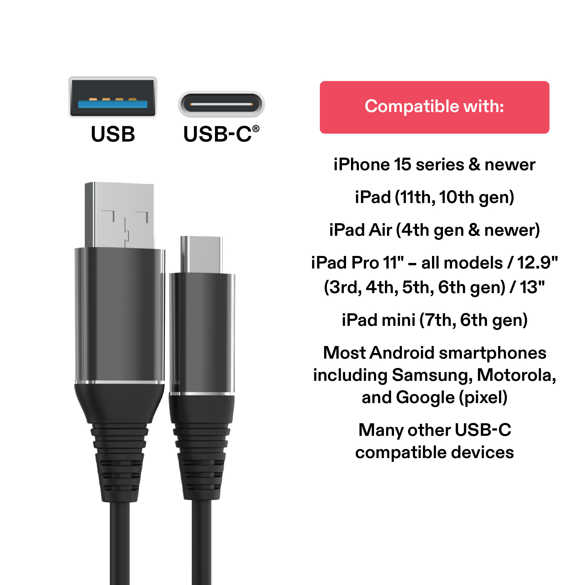 onn Cable de Carga USB-C a USB-A de 6 pies, Certificado USB-IF, Negro - Compatible con iPhone Serie 16, iPhone Serie 15, Samsung Galaxy, Note, Dispositivos Pixel, iPad Pro y más 4