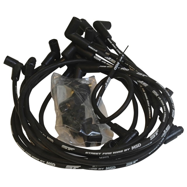 MSD Ignition Spark Plug Wire Set 5554 Street Fire Wires; Pre Assembled; Black; 8 Millimeter; Silicone and Synthetic; Helically Wound Conductor With Kevlar Core; 90 Degree Spark Plug Boots
