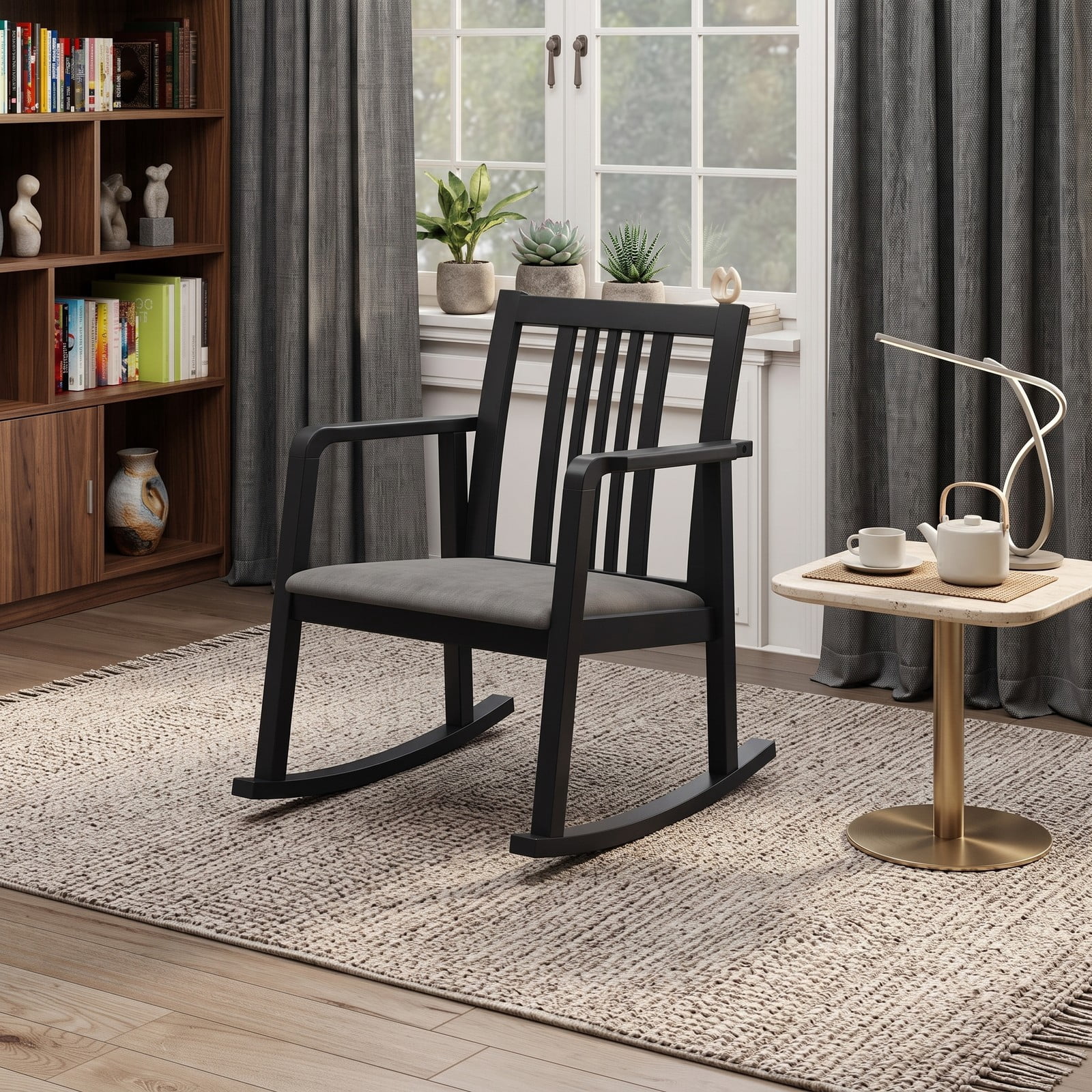 Furnibear Rocking Chair with Slatted Back, Curved Armrests and Soft Padded Fabric Seat for Living Room, Bedroom and Nursery, Black