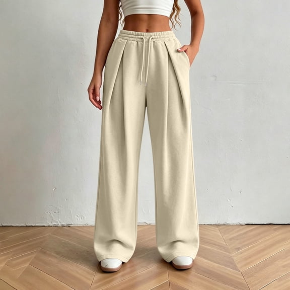 Women's Casual Straight Leg Sweatpants, Front Pleated Lounge Pants with Drawstring Elastic Waist and Side Pockets