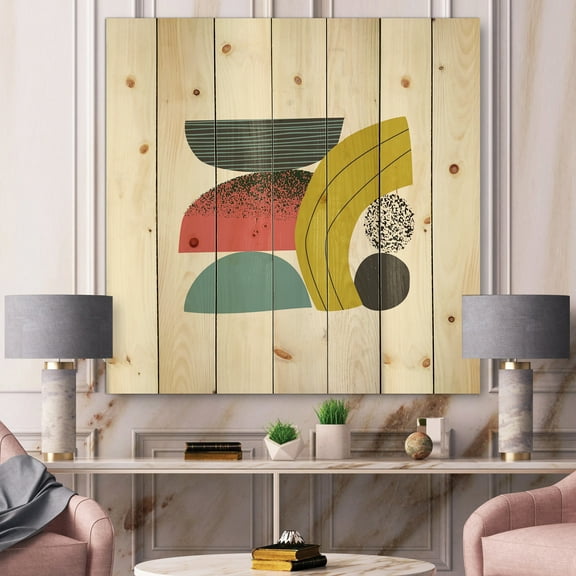 Designart 'Abstract Colorful Geometric Art Collage II' Modern Print on Natural Pine Wood