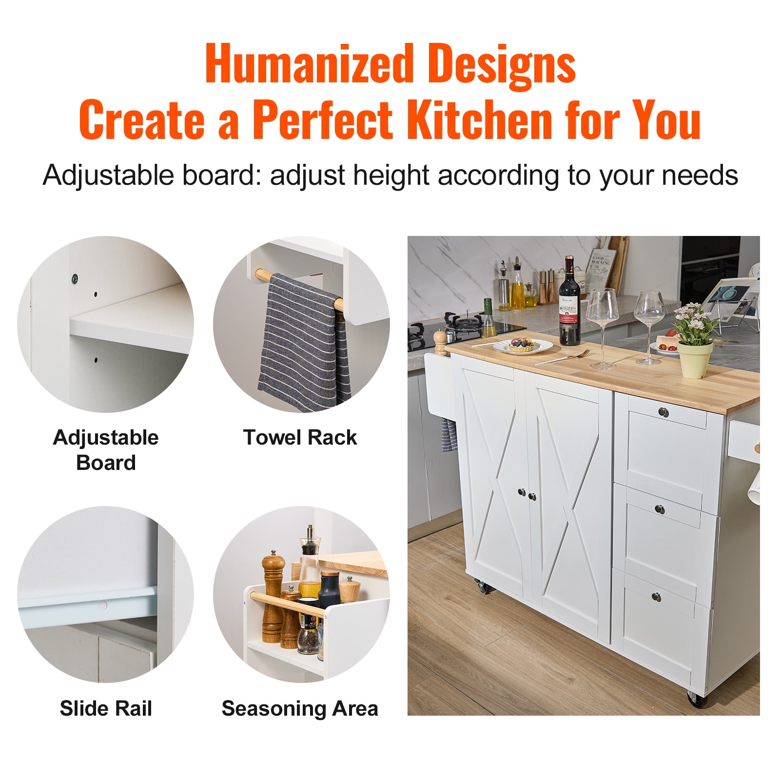 KFFKFF Kitchen Island Cart with Solid Wood Top, 45.3" Wide Mobile Cart with Storage Cabinet, Rolling Kitchen Table Featuring Spice Rack, Towel Holder, Drop Leaf, and Drawer, Portable Island on Wheels