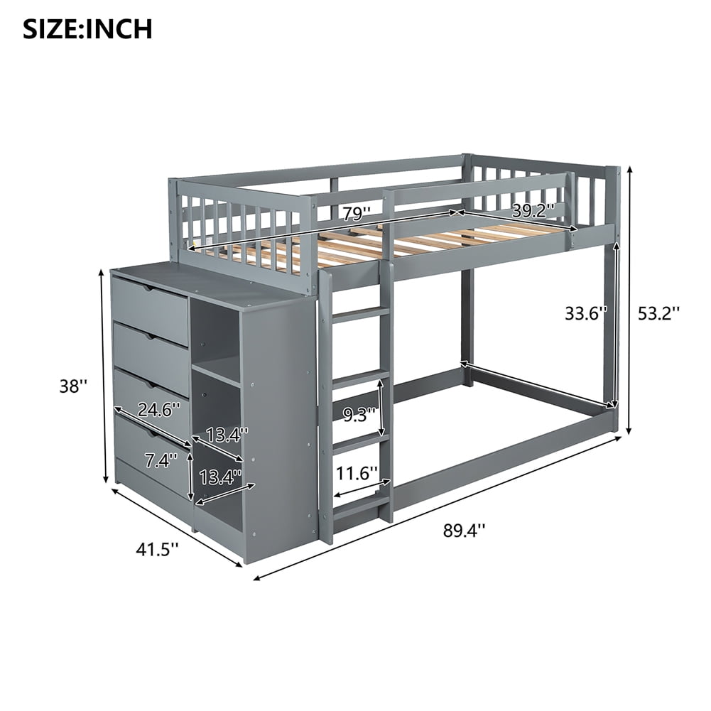 Private Jungle Twin over Twin Bunk Bed with Attached Cabinet and Shelves Storage,Gray