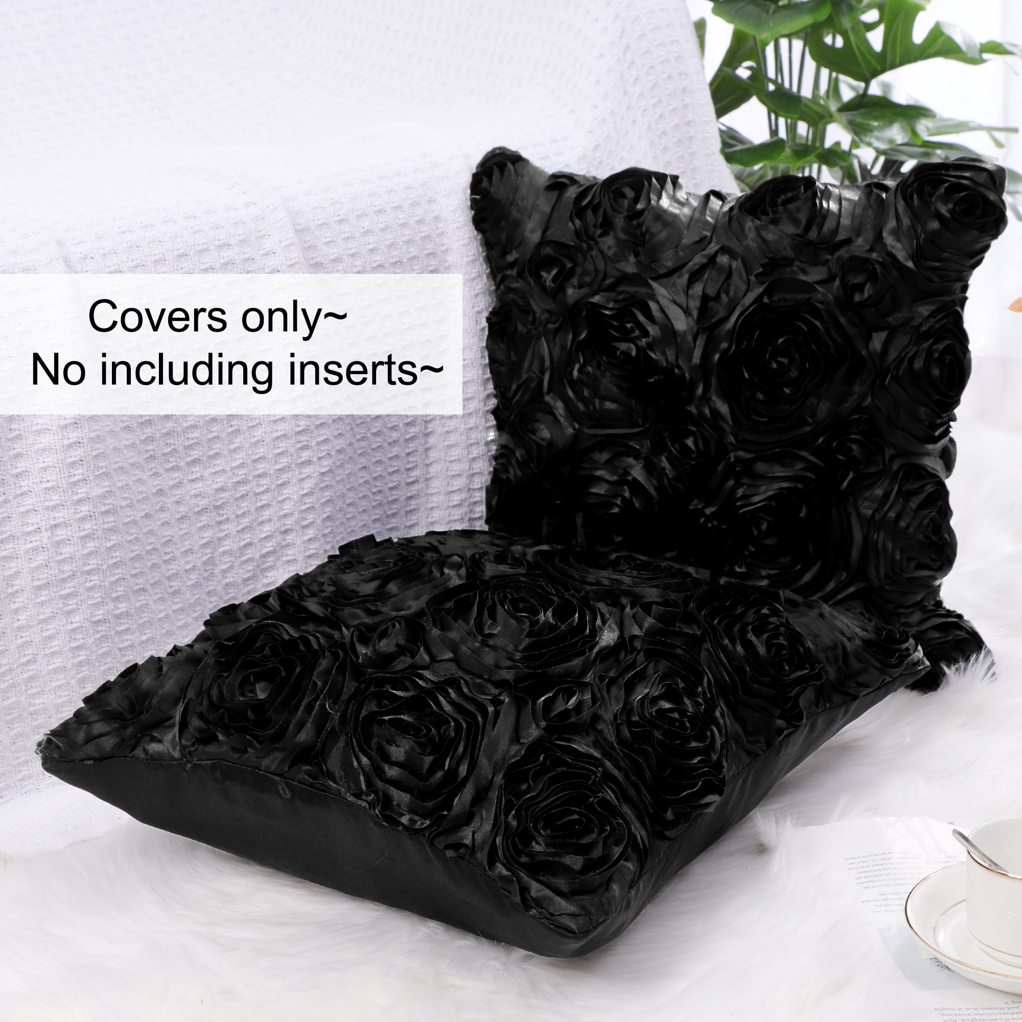 PiccoCasa Decorative Throw Pillow Covers 3D Satin Rose Flower Shells Cushion Covers, 2Pcs, 16"x16" Black