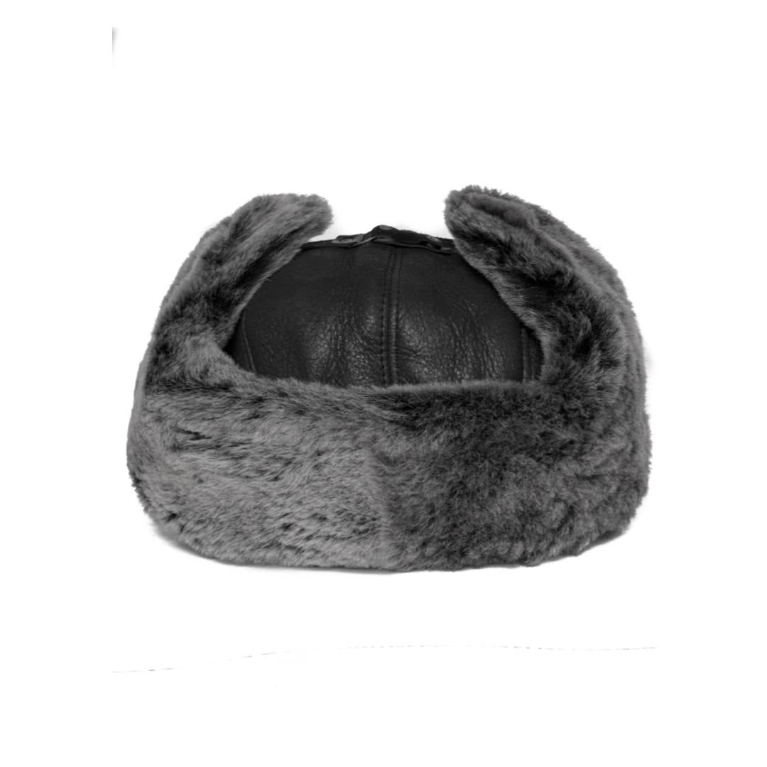 Leather Aviator Russian Ushanka Trapper Shearling Sheepskin Fur Ear Flap Waterproof Winter Hat (US, Alpha, Large, Black/Gray)