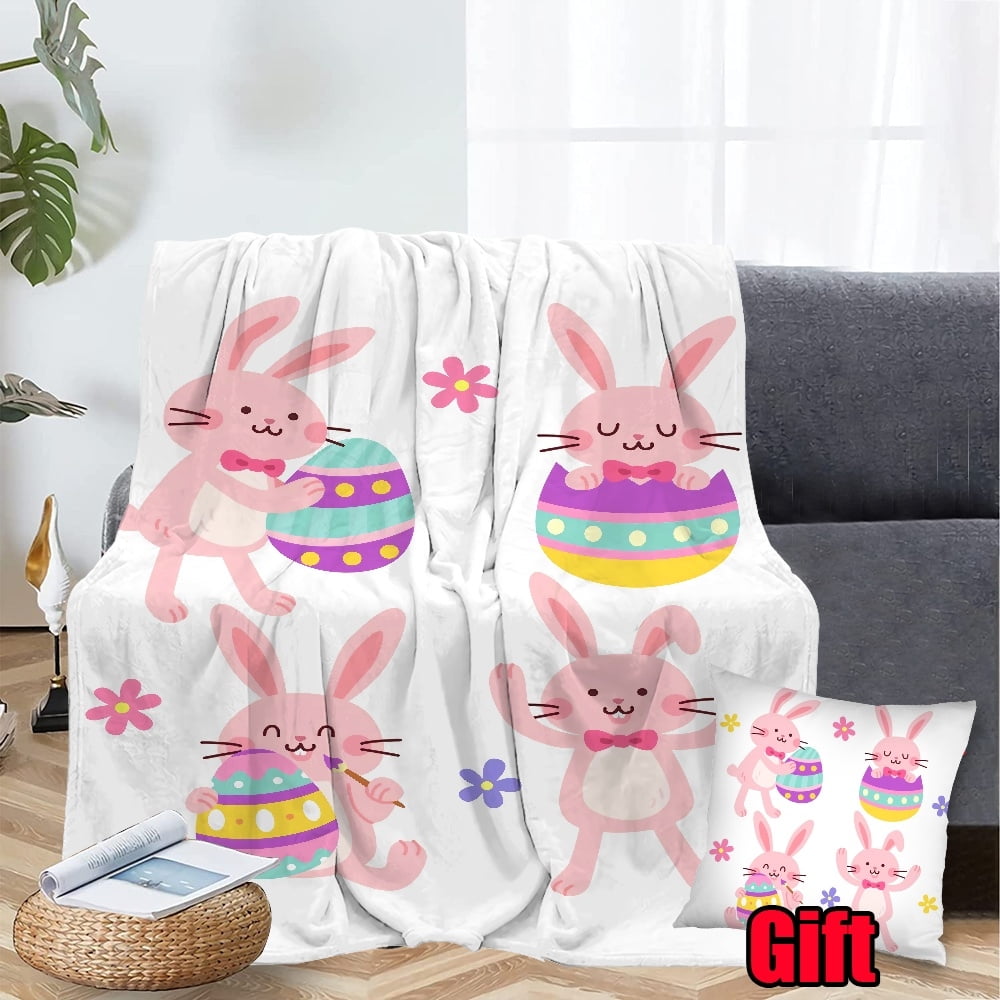 Dicasser Easter Bunny Throw Blanket With Pillowcase Warm Fuzzy Plush