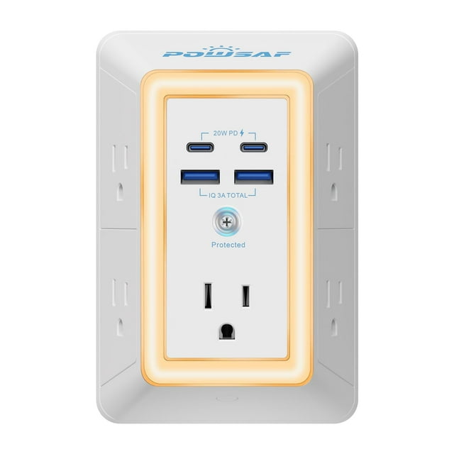 Protector de sobretensión POWSAF de 5 tomas y 4 puertos USB con luz nocturna