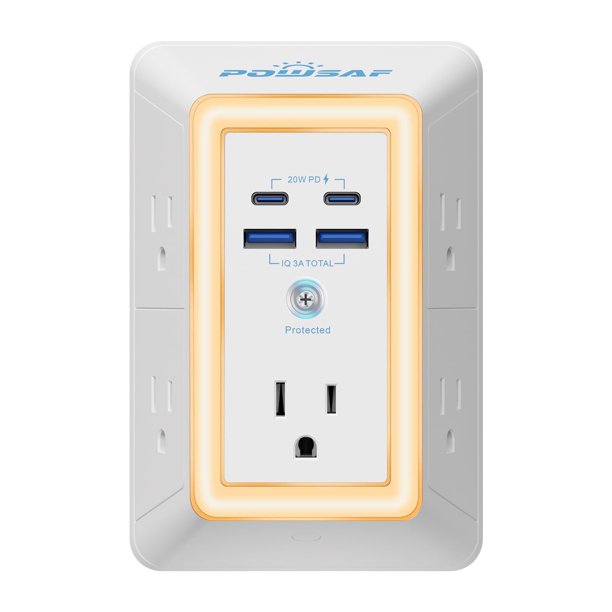 Protector de sobretensión POWSAF de 5 tomas y 4 puertos USB con luz nocturna