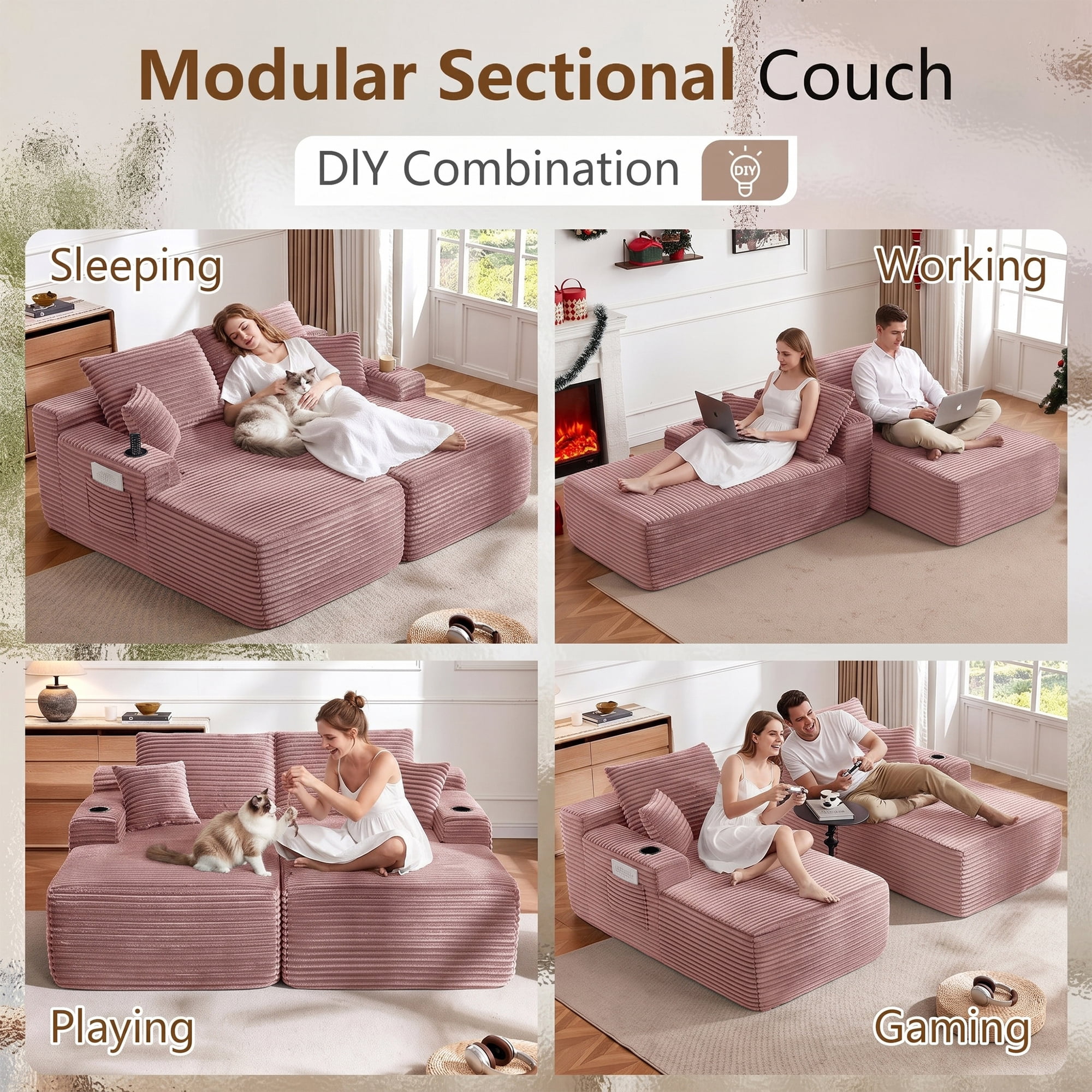 Aukfa 69" Oversized Double Chaise Lounge Boneless Couch Modular Loveseat Sleeper Sofa Bed for Living Room, 2 Cup Holders, Corduroy, Pink