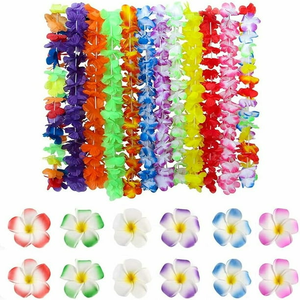 24 Piezas Collares Tropicales Hawaianos, Collar de Flores Hawaianas, Collar Hawaiano, Juego de 12 Collares de Flores con 12 Pasadores de Flores de Plumeria, para Playa de Verano, Decoraciones de