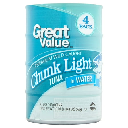 (4 Cans) Great Value Chunk Light Tuna in Water, 5 oz