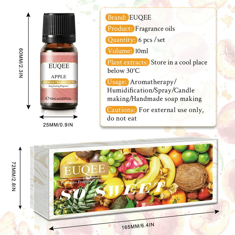EUQEE Premium Fruit Fragrance Oils Gift Set for So Sweet -  6x10ml-Strawberry, Cherry, Litchi, Apple, Mango, Peach - Scented Essential  Oils for