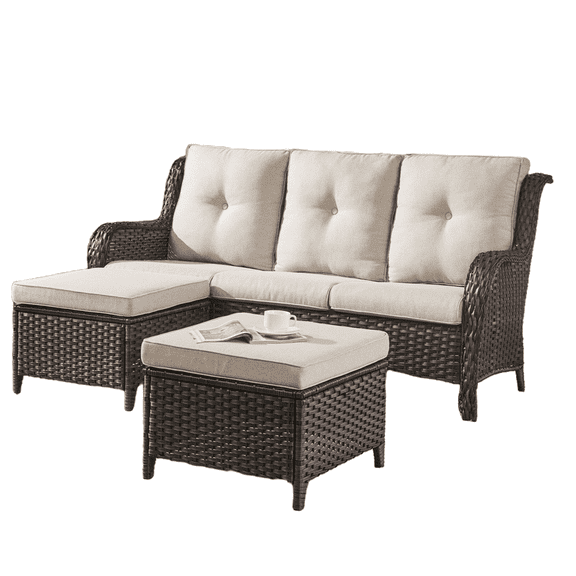 Gymojoy Outdoor Furniture 3-Piece Sofa, Patio Rattan Wicker Seactional Couch with Ottoman, Beige