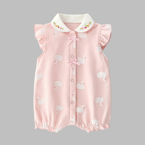 Cowsor Baby Girls Swan Printed Cotton Short Sleeve Ruffle Romper Lightweight Summer Onesie for 0-24 Months