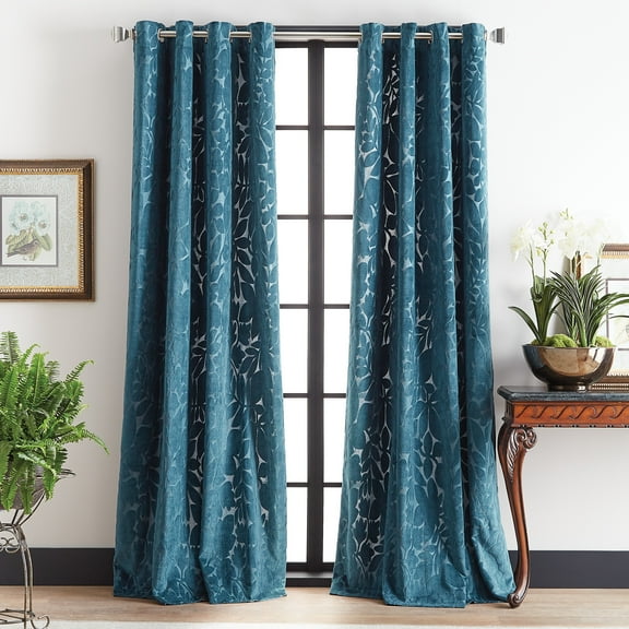 Martha Stewart Sherwood Velvet Polyester Light Filtering Grommet Curtain Panel Pair, Teal, 50"x95", Adult