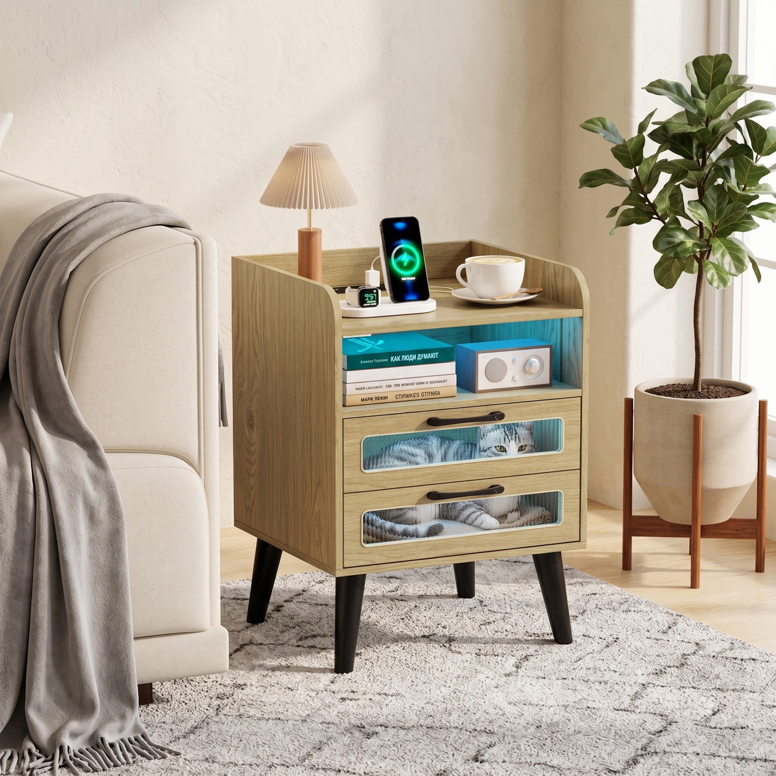 Furnibear Mid Century Nightstand with Charging Station and LED Lights, Bedside Table with 2 Drawers and Open Shelf for Bedroom, Natural