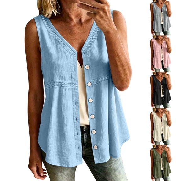 SwiftWear Women's Cotton Linen Button Down Tank Top Casual V-Neck Sleeveless Blouse Relaxed Fit Summer & Everyday Top