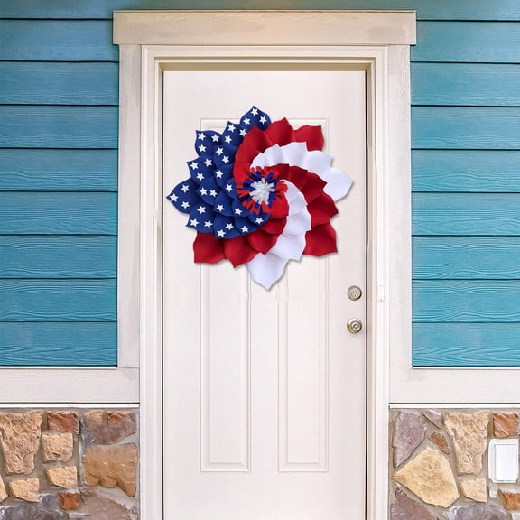 Patriotic Wreath for Front Door Outside, 15.7" Fourth of July Wreath Decor, Red White and Blue Poly Burlap Flag Daisy Patriotic Wreath Decorations