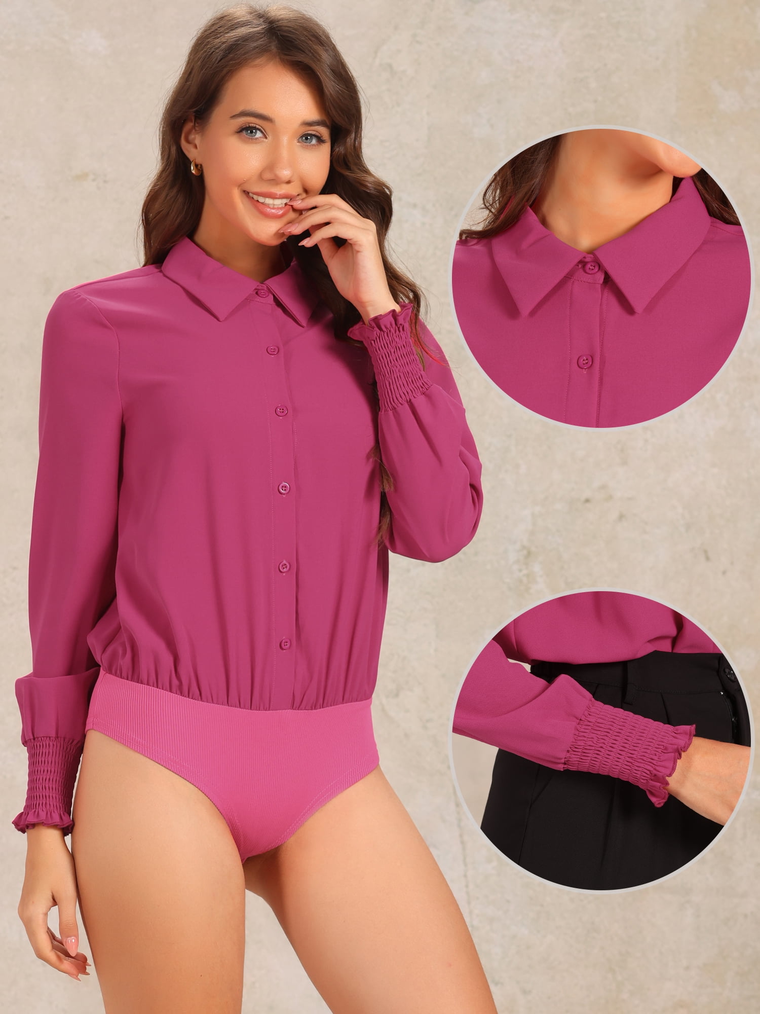 DARING DIVA Leotard Shirt Collared Dressy Bodysuit Top M Fuschia