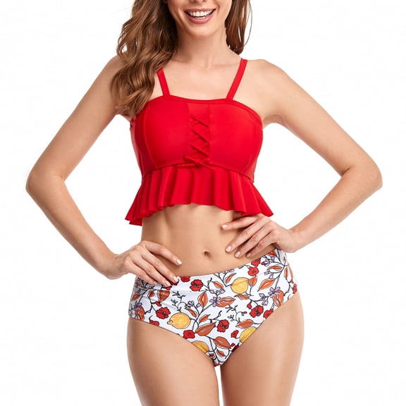 Yuanlook Women High Waisted Bikini Sets Tummy Control Swimsuits Dress Top Two Piece Crisscross Bathing Suit,Red,L