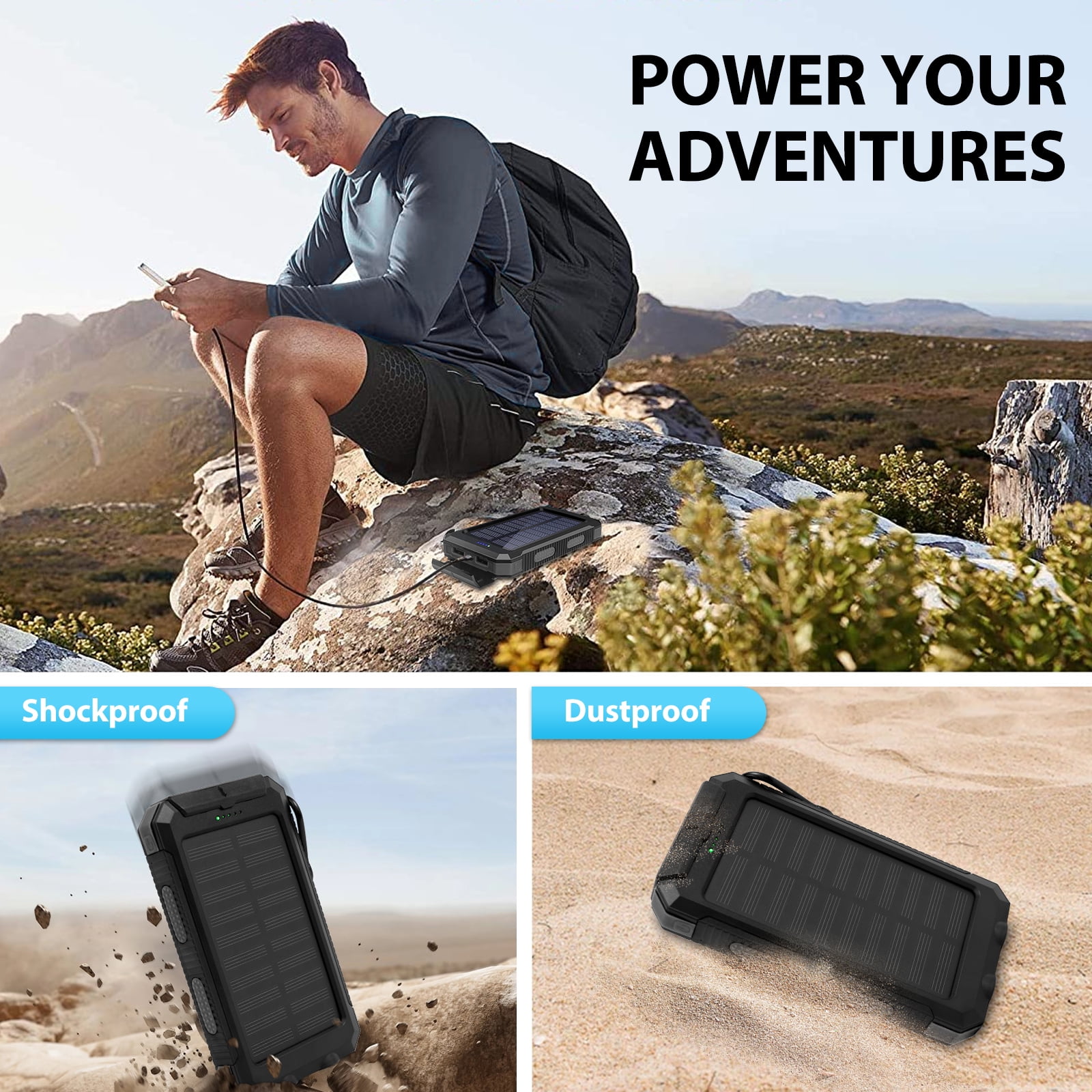 BAOKALER 30000mAh Solar Charger for Cell Phone iPhone, Portable Solar Power Bank with Dual 5V USB Ports, 2 Led Light Flashlight, Compass Battery Pack for Outdoor Camping Hiking(Black)