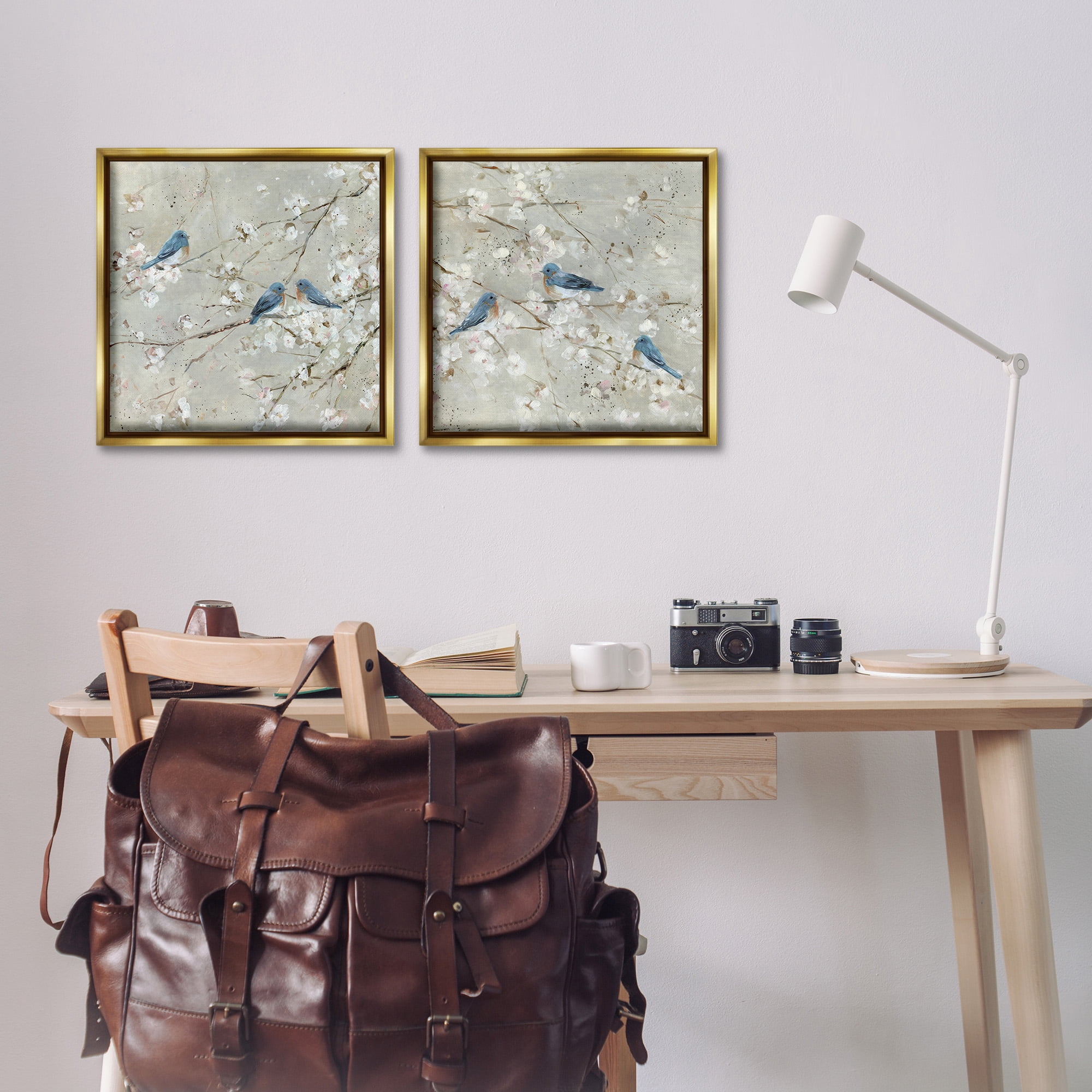 Stupell Industries Blue Birds Perched Tree Blossoms Animals & Insects Painting Gold Floater Framed Canvas Art Print Wall Art, 18 x 18, Set of 2
