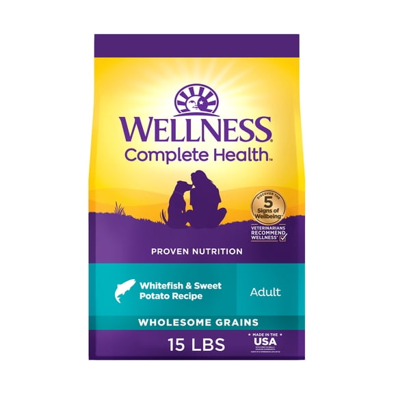 Wellness Complete Health Dry Dog Food, Wholesome Grains, Natural, Whitefish & Sweet Potato Recipe, (15-Pound Bag)