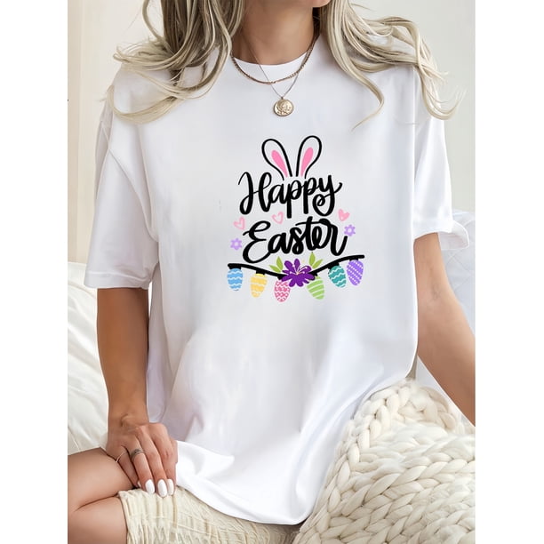 Women'S Easter Bunny Graphic T-Shirt, Crew Neck, Casual Short Sleeve Tee with Cartoon Pattern, for Spring/Fall