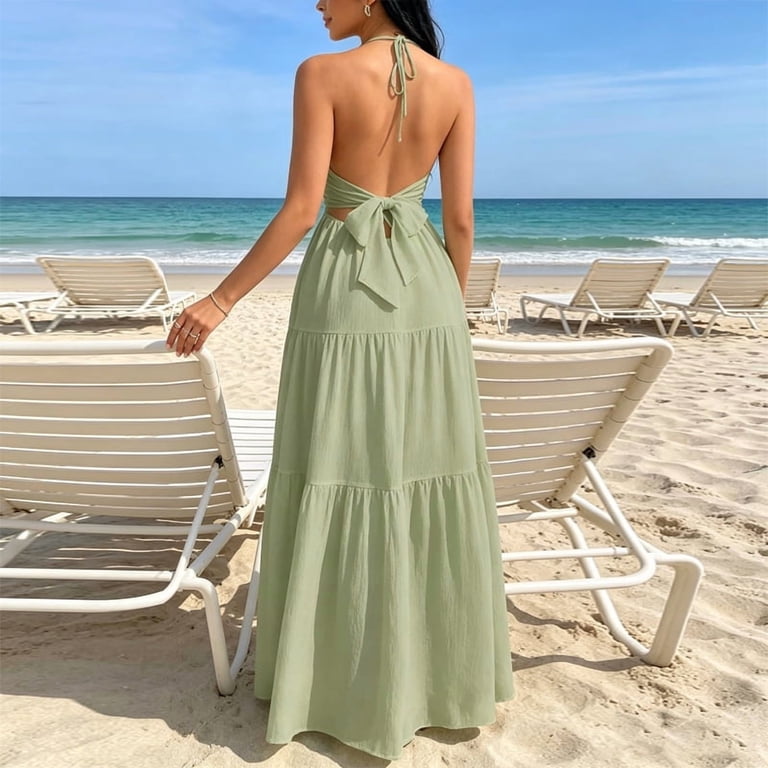 Morttic Women's Bohemian Tie Halter Neck Backless Tiered Maxi Dress – Ruffle Hem, Solid Color, Beach Vacation Long Dress Light Green，L