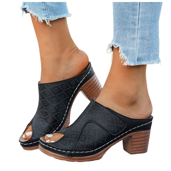 Rokment Geometric High Heels Dressy Slides Sandals for Women Ladies 2026 Fashion Casual Leather Open Peeptoe Orthopedic Platform Block Heeled Dress Slip on Summer Shoes Black Size 6.5
