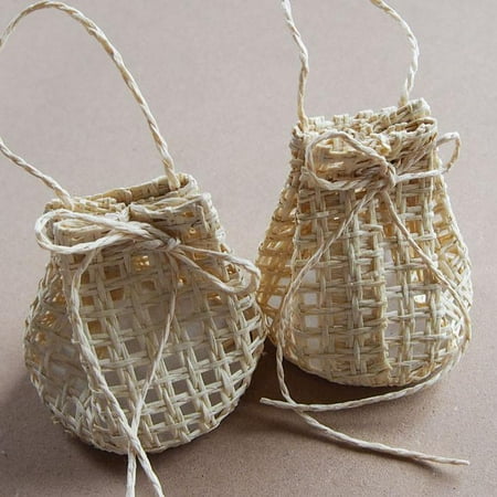 Natural Woven Straw - Net Sack Bag Woven Straw Favor Pouches, 2-3/4-inch, 12-Piece, Natural