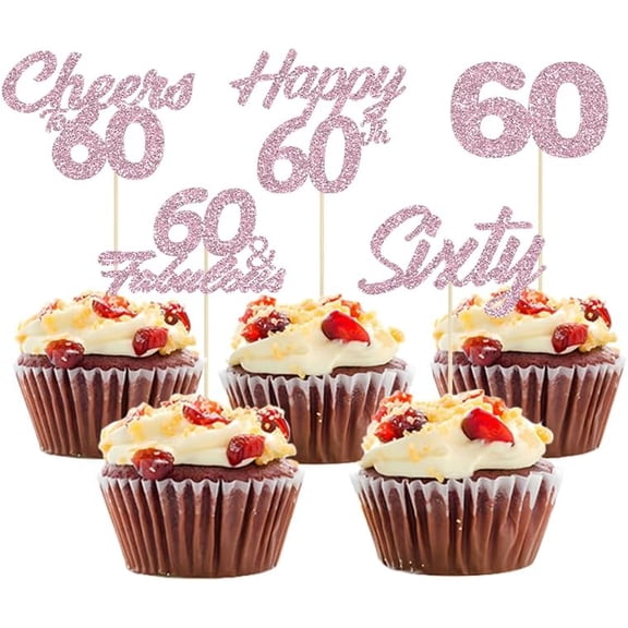 12pcs Pink Glitter Happy 60th Birthday Cupcake Toppers Sixty Cheers to 60 Years Old Birthday Food Toothpicks for 60th Wedding Anniversary Party Cake Decorations