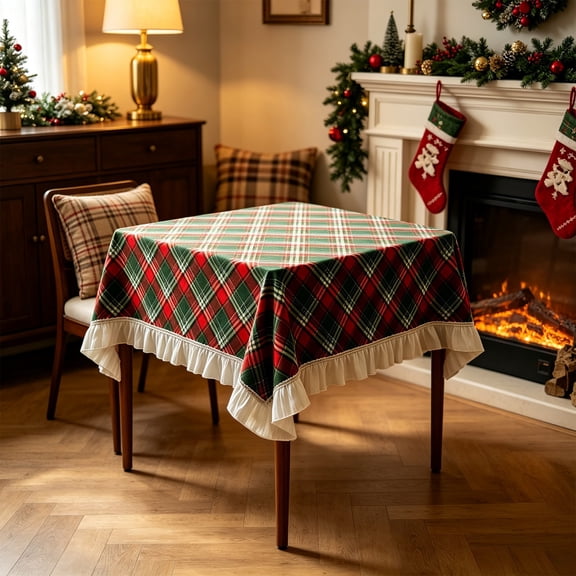 Plaid Tablecloth Christmas Red Green Square 60X60 Inch, Vintage Holiday Dining Table Cover with White Ruffle Trim for Home Kitchen Decor