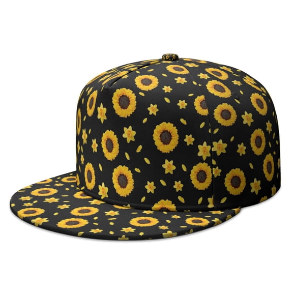 Sunny Yellow Sunflower Flat Visor Hat - Adjustable Full Panel Snapback Cap - Artistic Floral Design