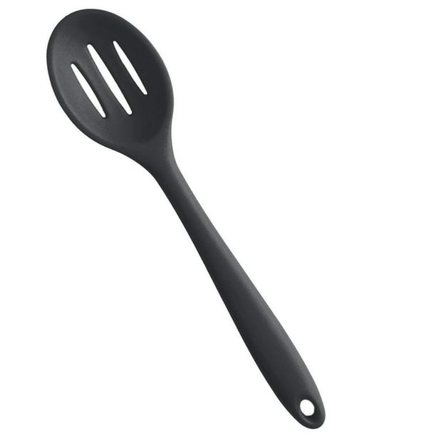 Cuchara ranurada, silicona resistente al calor, resistente a la fusión y la deformación, utensilio de silicona sólida, agarre ergonómico, perfecta para escurrir y servir, gris-negro, 10,6" x 2,4"