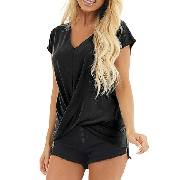Summer Blouse Tops Ladies Women Casual Loose V-neck Short Frill Wrap Tunic Shirt Cross Summer Pullover Tops Walmart.com