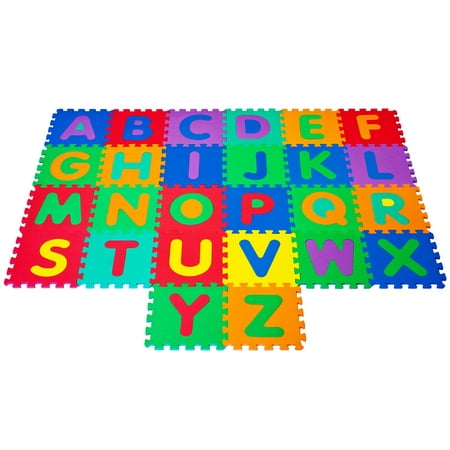 Interlocking Foam Tile Play Mat with Letters - Nontoxic Children's Multicolor Puzzle Tiles by Hey! (Best Non Toxic Play Mat)