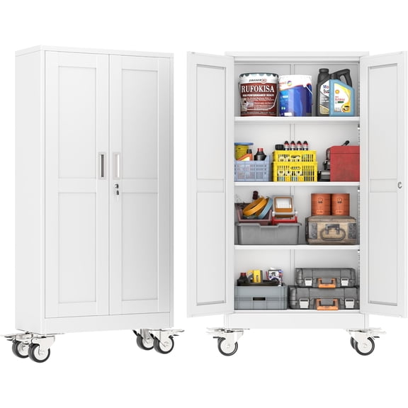 Metal Storage Cabinet with Wheels,Tall Rolling Garage Storage Cabinet with 2 Doors and 3 Adjustable Shelves - 61" Steel Lockable File Cabinet,Locking Tool Cabinets for Garage,Office,Gym,School(White)