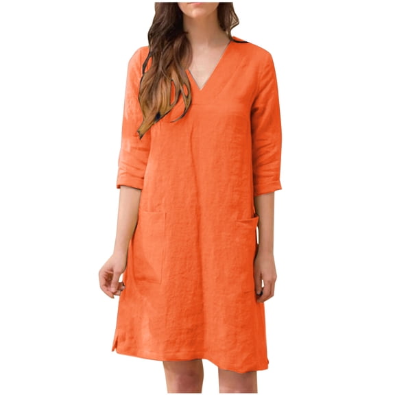 Dyegold Sundresses for Women Casual Beach - Plus Size Dress for Women V Neck Short Sleeve Cotton Linen Solid Color Midi Sundress Casual Loose Summer Beach Dress