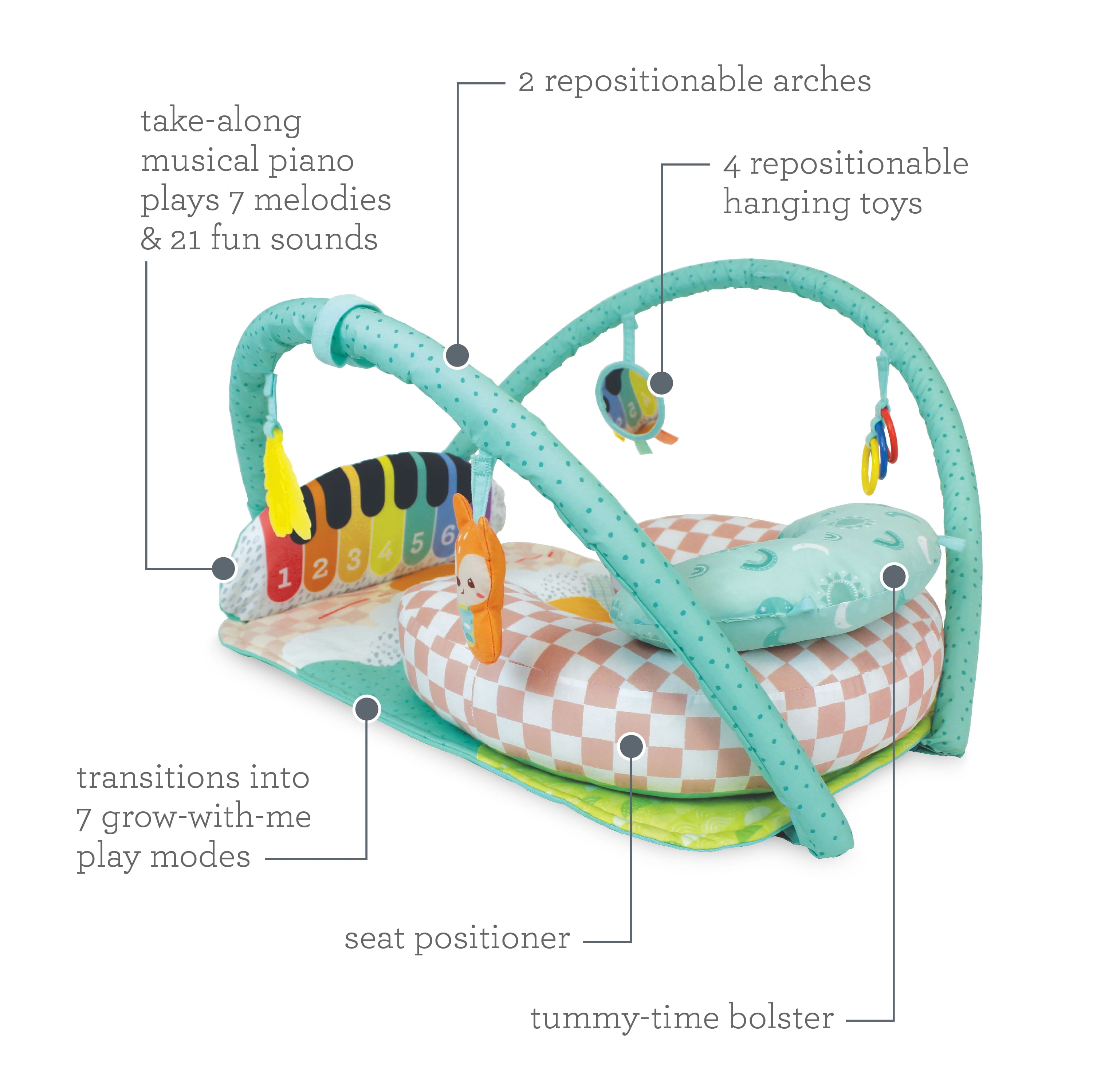 Infantino Kick 'n Keys 7-in-1 Musical Piano Activity Gym, for Babies 6-12 Months, Multicolor