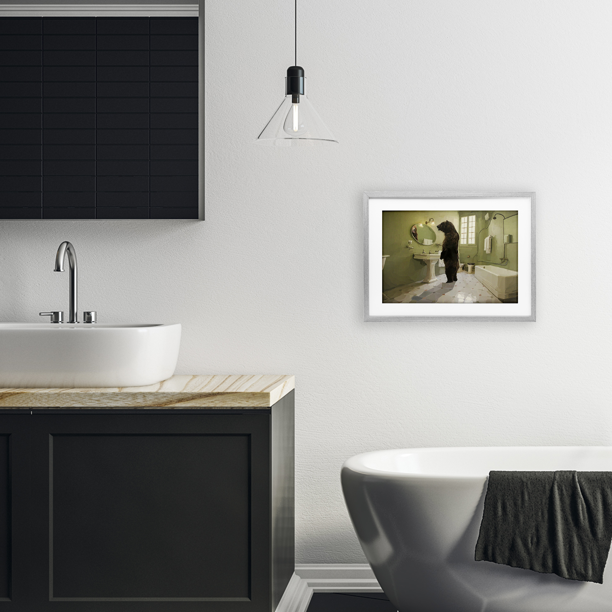 The Houseguest Bear in Bathroom Gray Framed Print Under Glass, design by Keith Thomson