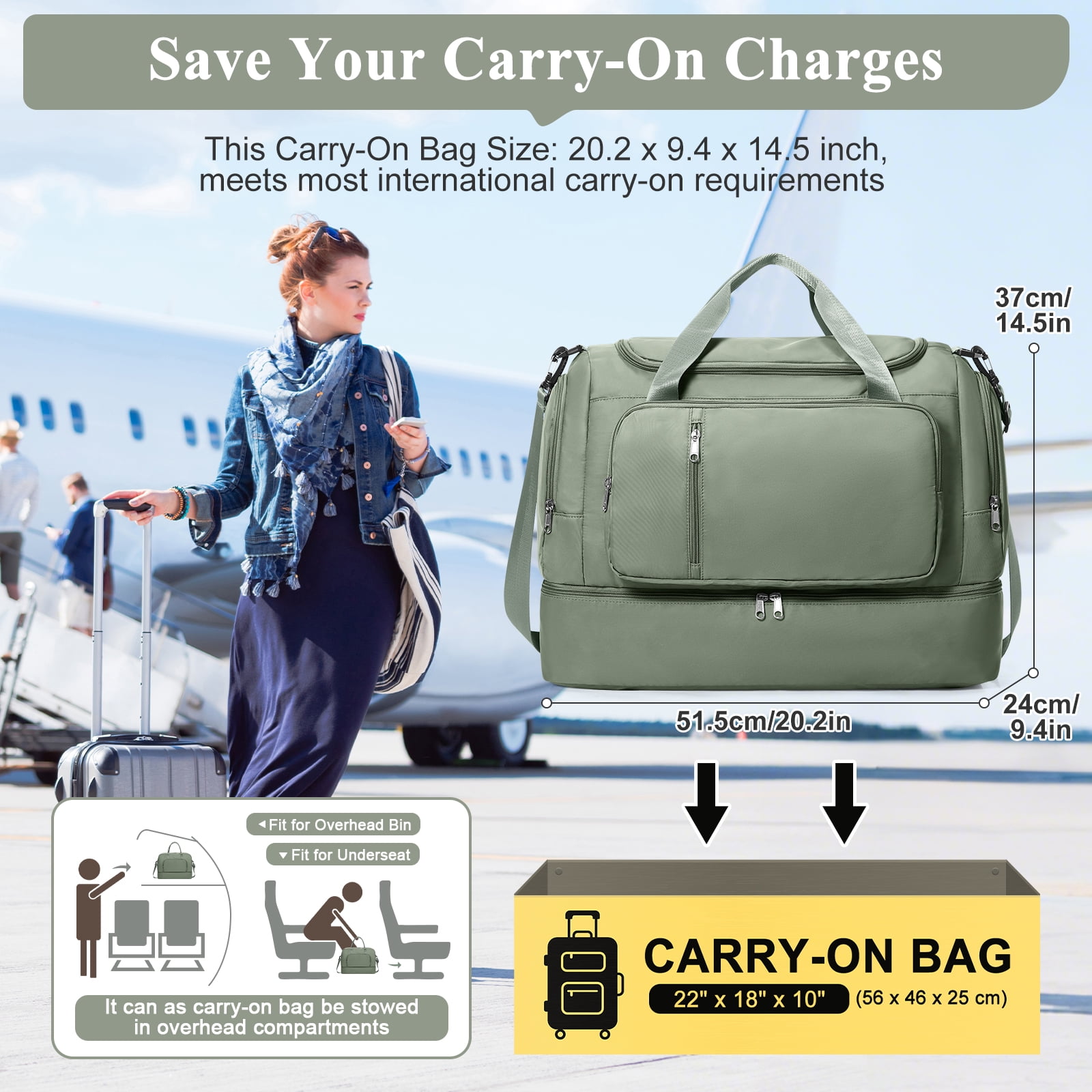 SYCNB Large Weekend Bag for Women, Best Weekender Travel Bag with Shoes Compartment & Toiletry Bag, Duffel Tote Bag for Gym Travel Hospital, Carry-On Overnight Bag, Olive Green
