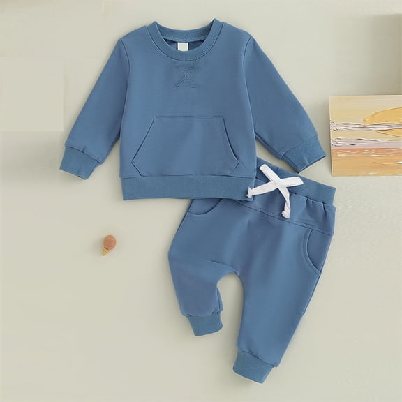 Zehjuhan Toddler Boy 2-Piece Baby Boy Solid Color Long Sleeve Shirt and Pant Clothing Set for Winter Fall Blue,3-6M