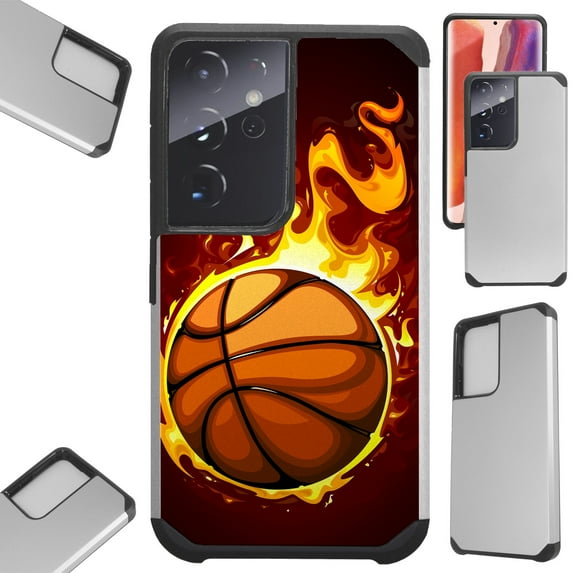 Compatible with Samsung Galaxy S21 Ultra 5G Hybrid Fusion Guard Phone Case Cover (Flaming Basketball)